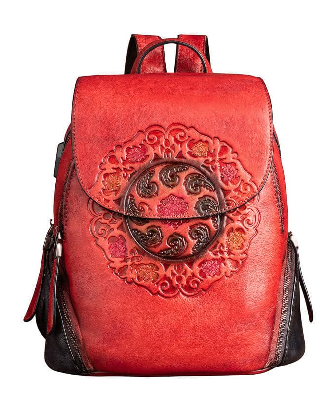 Women Red Embossing Paitings Calf Leather Backpack Bag - Backpack Bag - DYAVOR®
