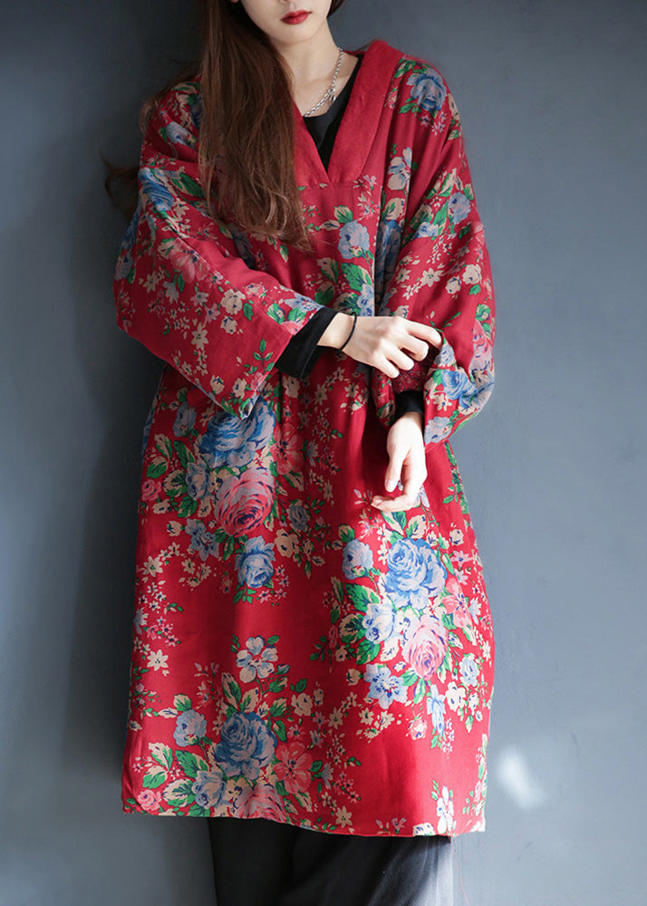 Women Red V Neck Print Warm Fleece Long Cotton Parka Winter - Down Jackets - DYAVOR®