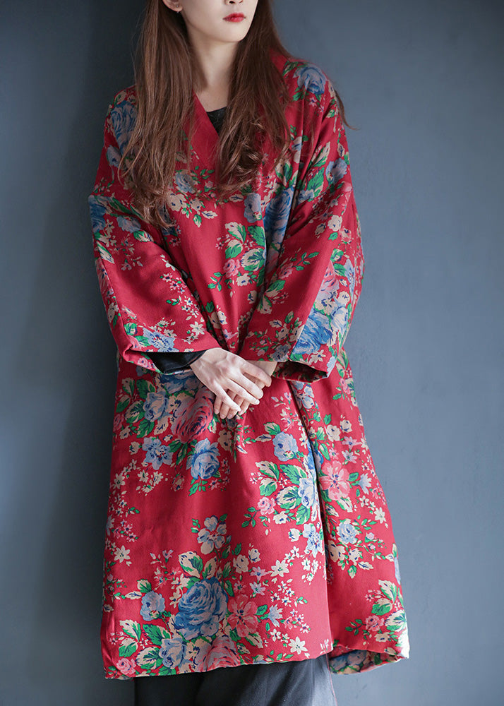 Women Red V Neck Print Warm Fleece Long Cotton Parka Winter - Down Jackets - DYAVOR®