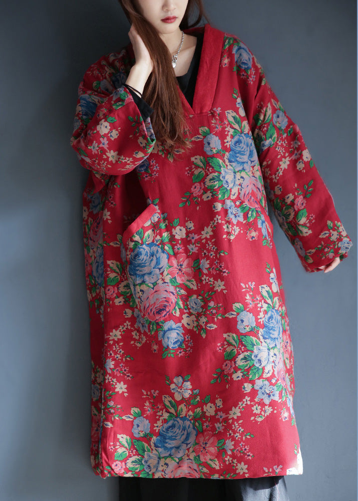 Women Red V Neck Print Warm Fleece Long Cotton Parka Winter - Down Jackets - DYAVOR®