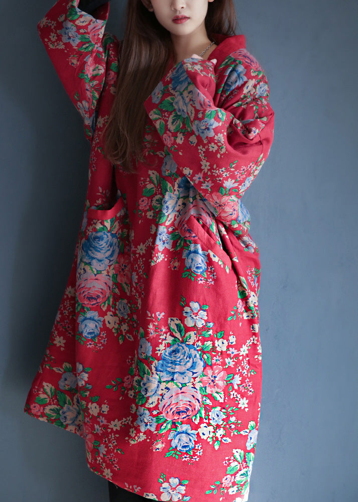 Women Red V Neck Print Warm Fleece Long Cotton Parka Winter - Down Jackets - DYAVOR®