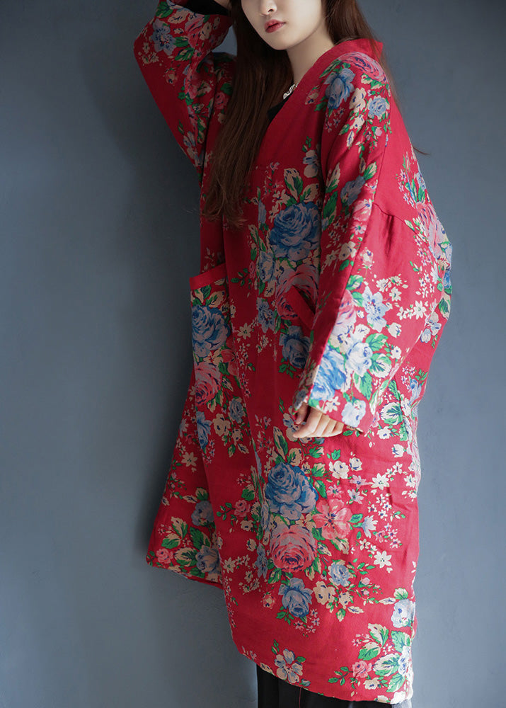 Women Red V Neck Print Warm Fleece Long Cotton Parka Winter - Down Jackets - DYAVOR®
