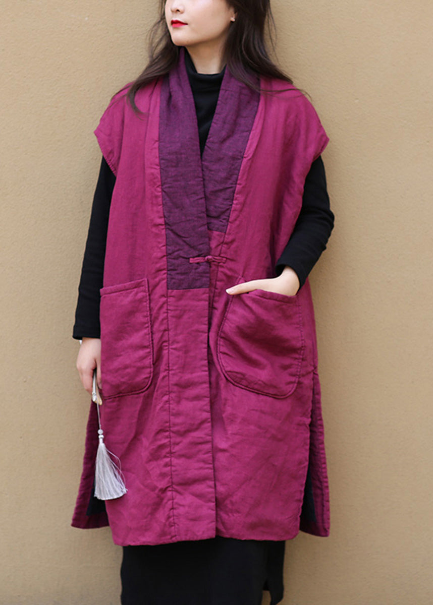 Women Red V Neck Warm Fleece Side Open Button Waistcoat Winter - Down Jackets - DYAVOR®