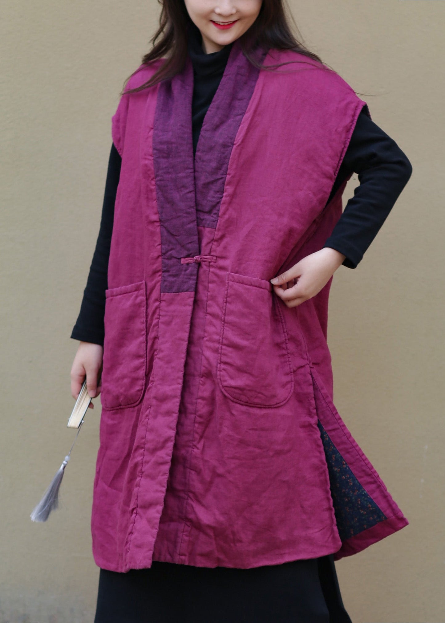Women Red V Neck Warm Fleece Side Open Button Waistcoat Winter - Down Jackets - DYAVOR®