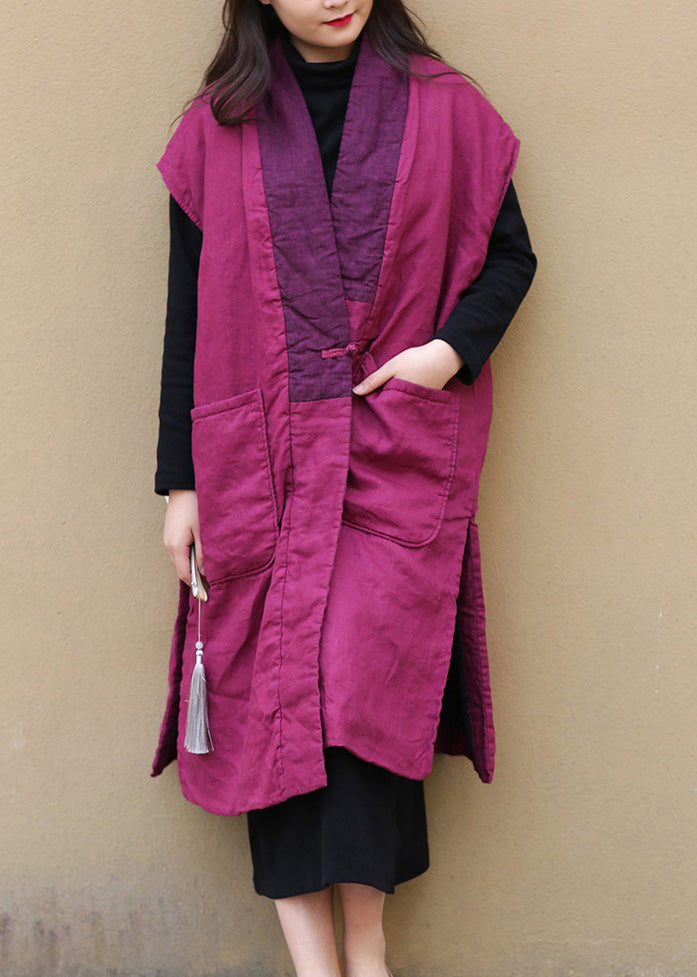 Women Red V Neck Warm Fleece Side Open Button Waistcoat Winter - Down Jackets - DYAVOR®