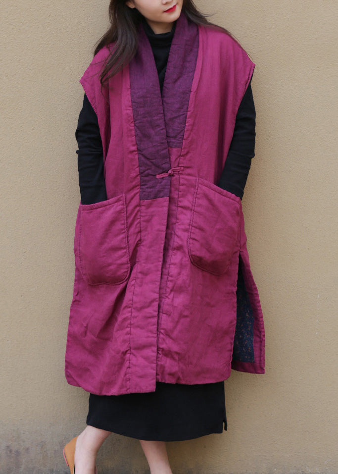 Women Red V Neck Warm Fleece Side Open Button Waistcoat Winter - Down Jackets - DYAVOR®