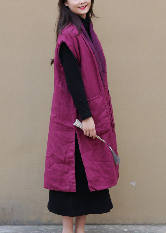 Women Red V Neck Warm Fleece Side Open Button Waistcoat Winter - Down Jackets - DYAVOR®