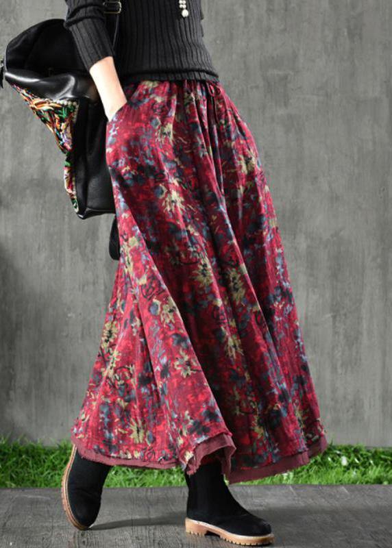 Women Velour Red Floral Skirt Maxi Length - - DYAVOR®
