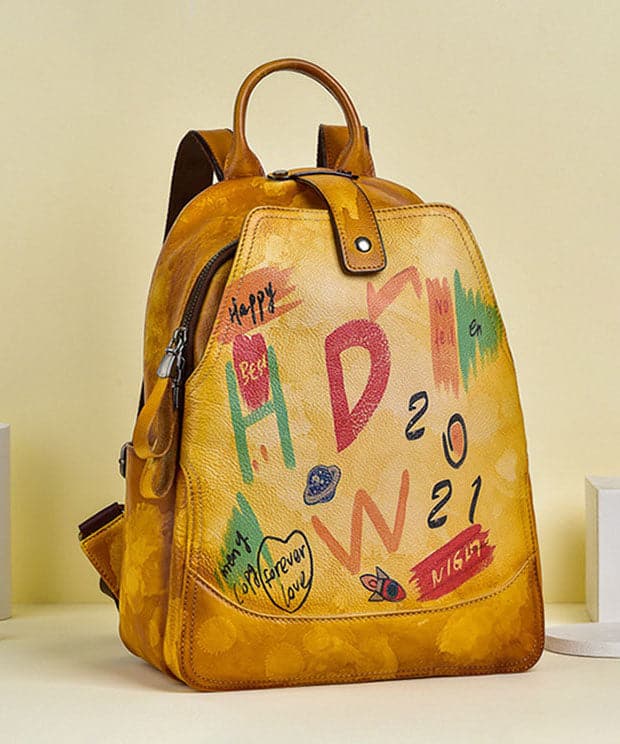 Women Yellow Graffiti Paitings Calf Leather Backpack Bag - Backpack Bag - DYAVOR®