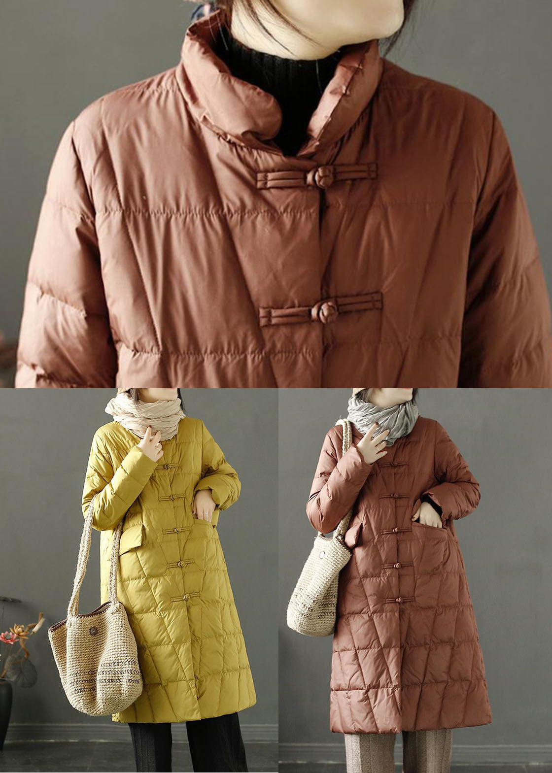 Yellow Duck Down Puffer Jacket Stand Collar Oriental Button Winter - Down Jackets - DYAVOR®