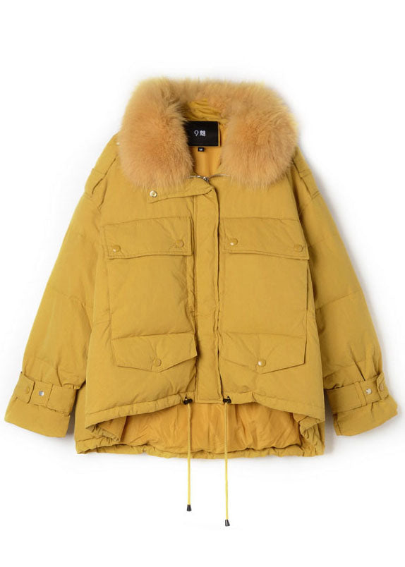 Yellow Hooded Fur collar drawstring Duck Down Puffers Jackets Winter - Down Jackets - DYAVOR®