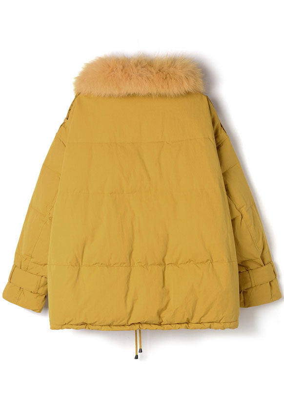 Yellow Hooded Fur collar drawstring Duck Down Puffers Jackets Winter - Down Jackets - DYAVOR®