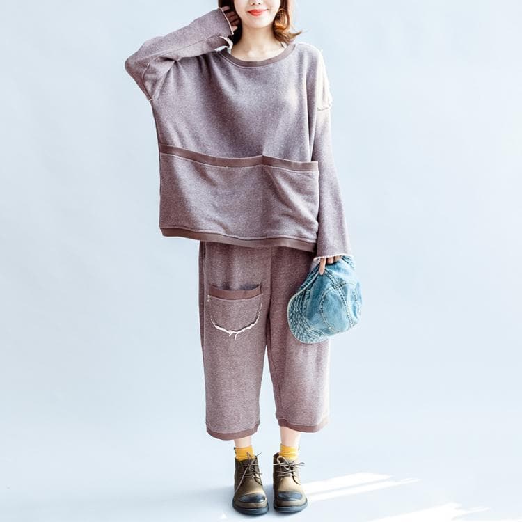autumn light purple casual cotton knit tops and casual knit crop pants plus size pockets sport suit - Tops - DYAVOR®