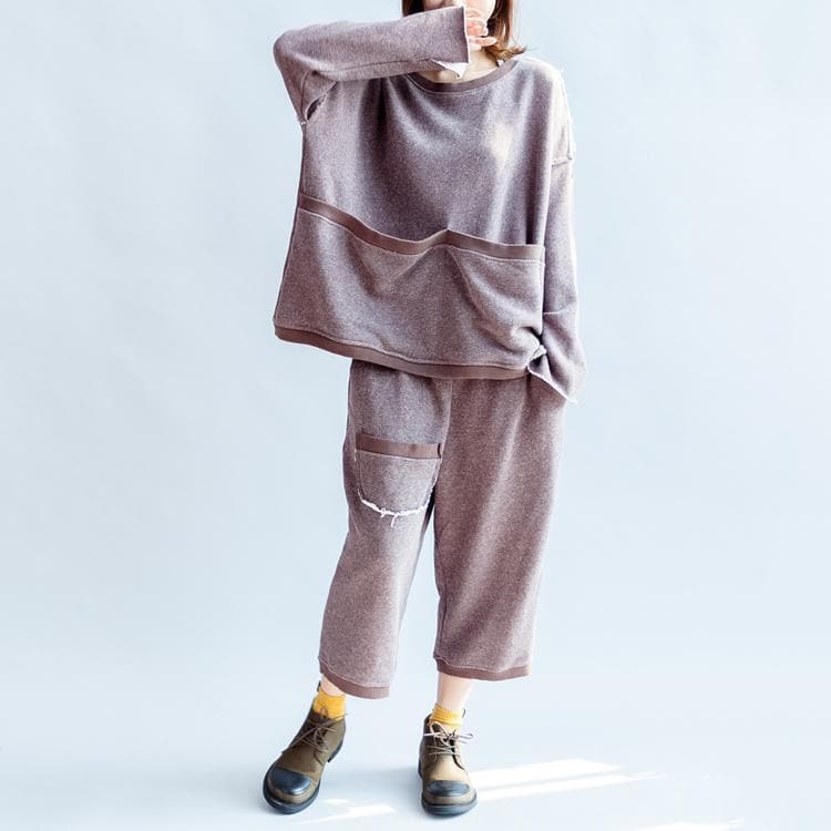 autumn light purple casual cotton knit tops and casual knit crop pants plus size pockets sport suit - Tops - DYAVOR®