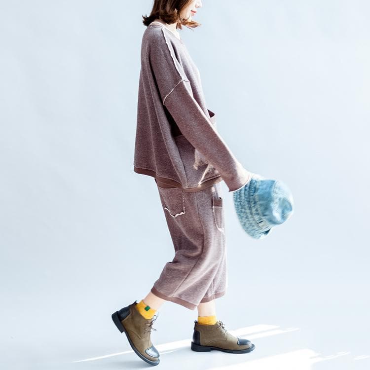 autumn light purple casual cotton knit tops and casual knit crop pants plus size pockets sport suit - Tops - DYAVOR®