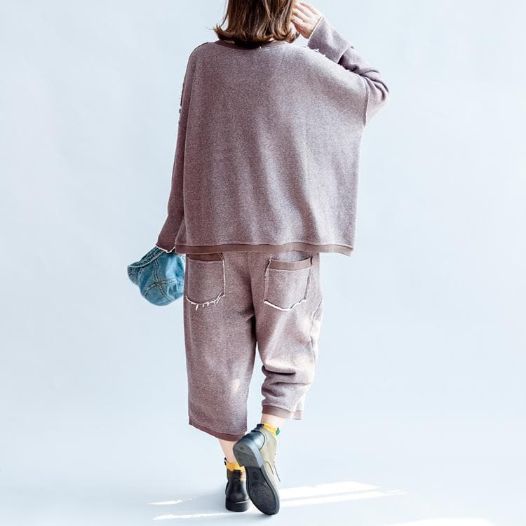 autumn light purple casual cotton knit tops and casual knit crop pants plus size pockets sport suit - Tops - DYAVOR®