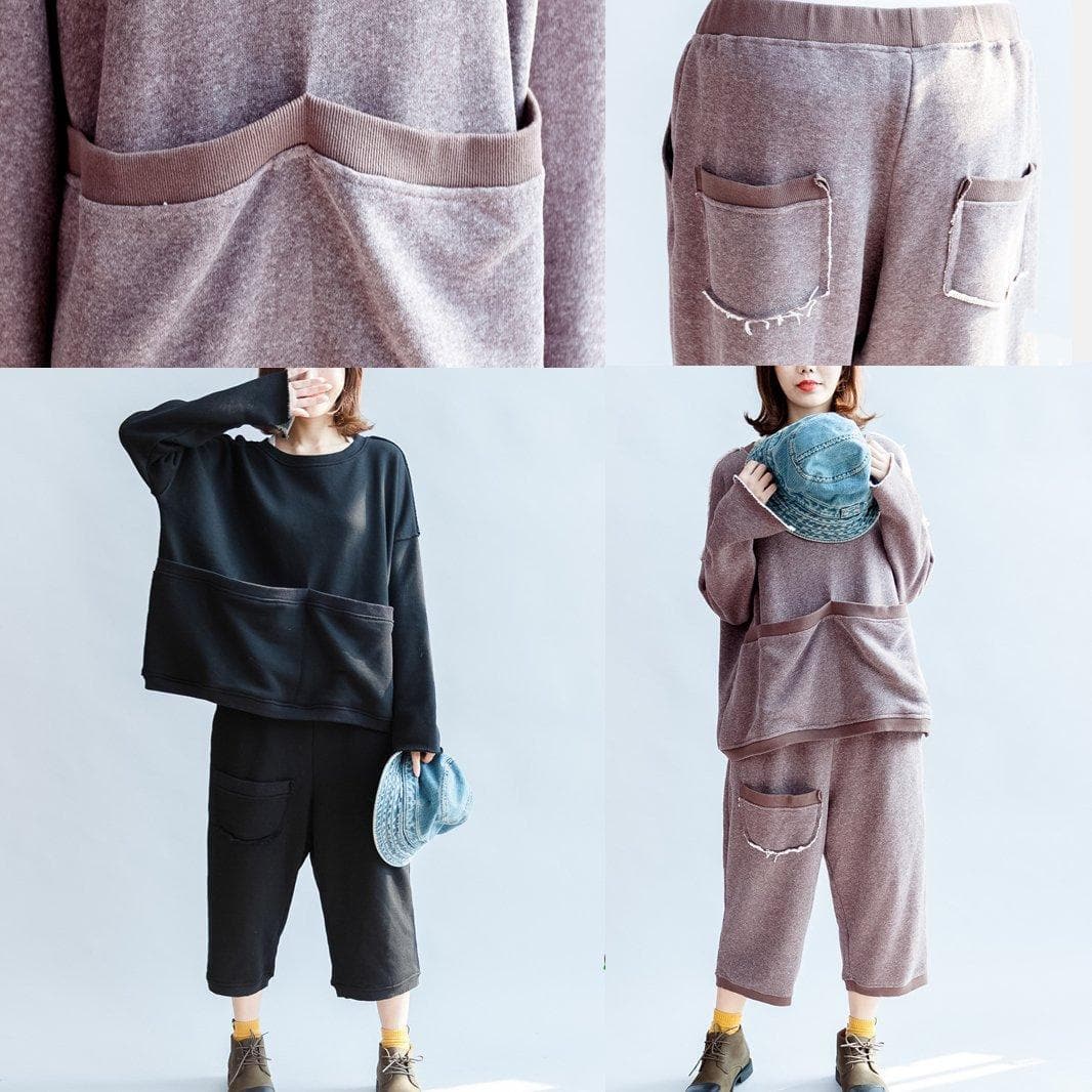 autumn light purple casual cotton knit tops and casual knit crop pants plus size pockets sport suit - Tops - DYAVOR®