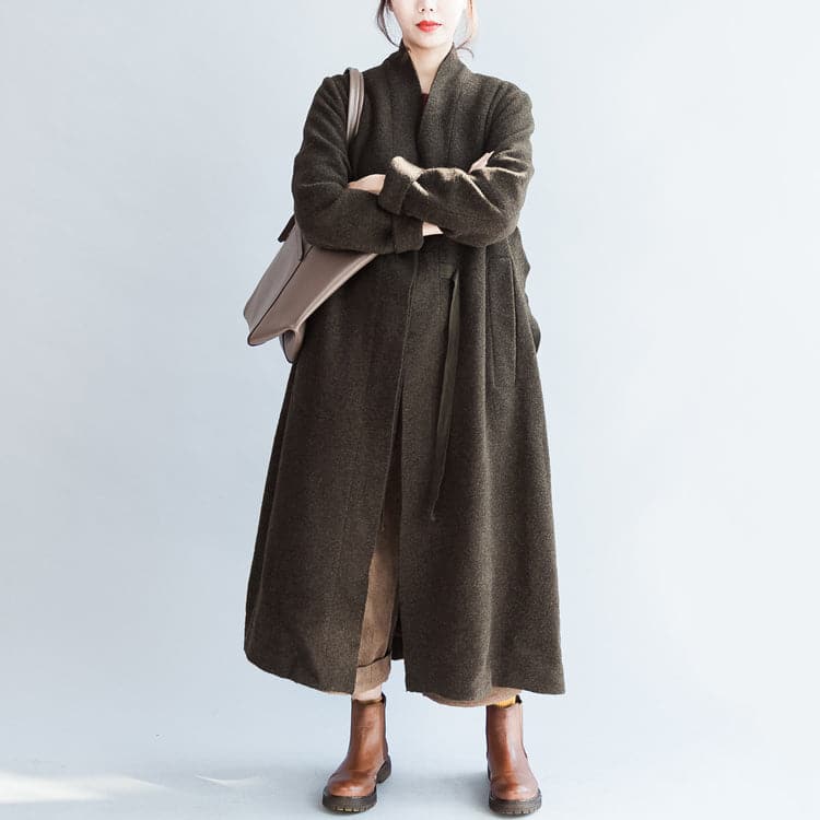 autumn winter blackish green fashion woolen cardigans plus size tie waist women trench coats - - DYAVOR®