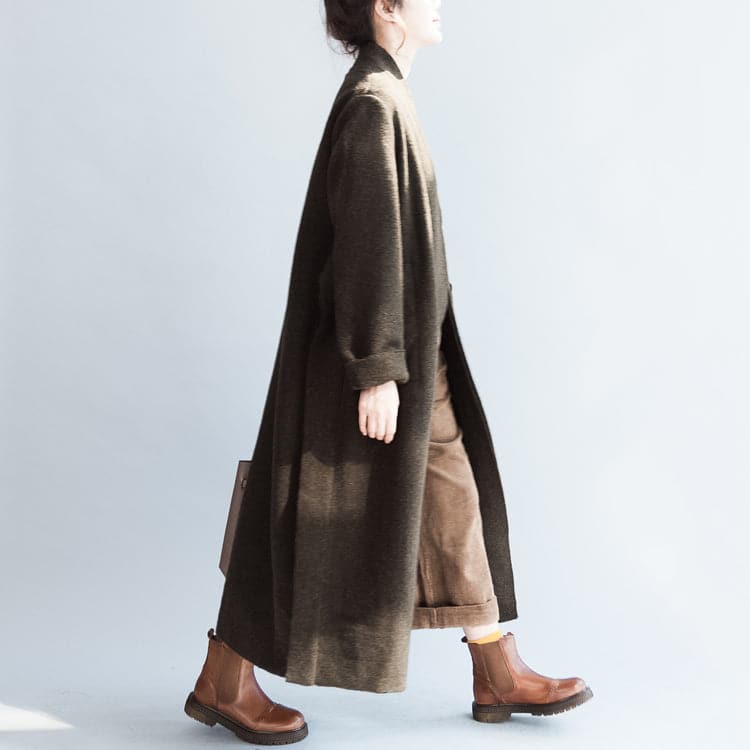 autumn winter blackish green fashion woolen cardigans plus size tie waist women trench coats - - DYAVOR®