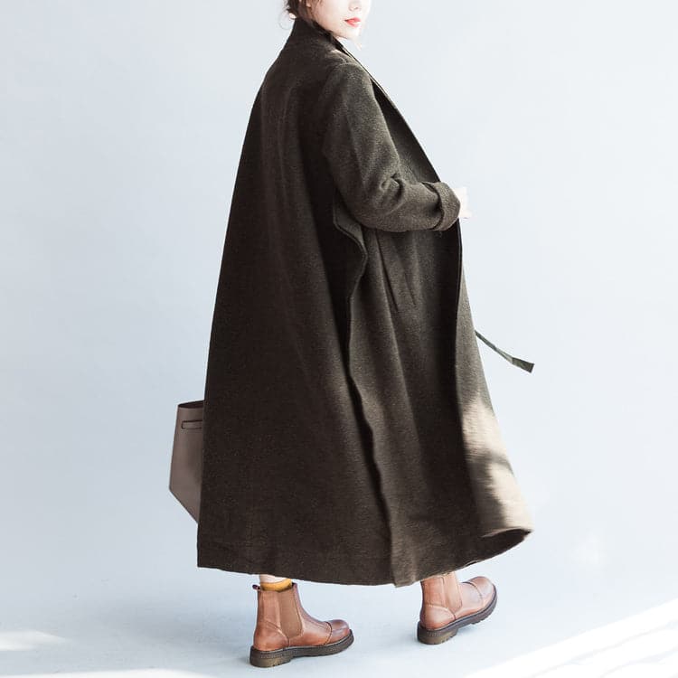 autumn winter blackish green fashion woolen cardigans plus size tie waist women trench coats - - DYAVOR®