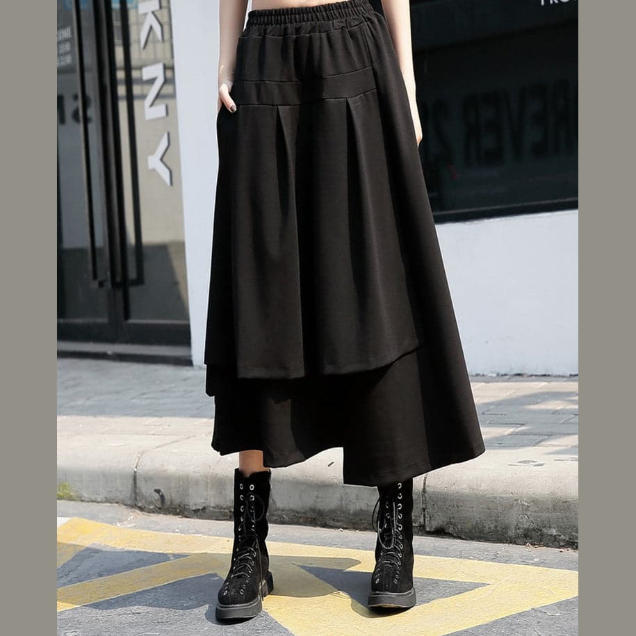 baggy black cotton shift skirt plus size holiday skirt elastic waist baggy New asymmetrical design autumn skirt - - DYAVOR®