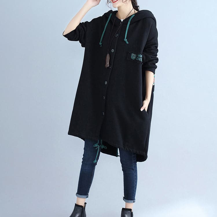 black fashion back prints cotton trench coats plus size hooded winter outfits - - DYAVOR®