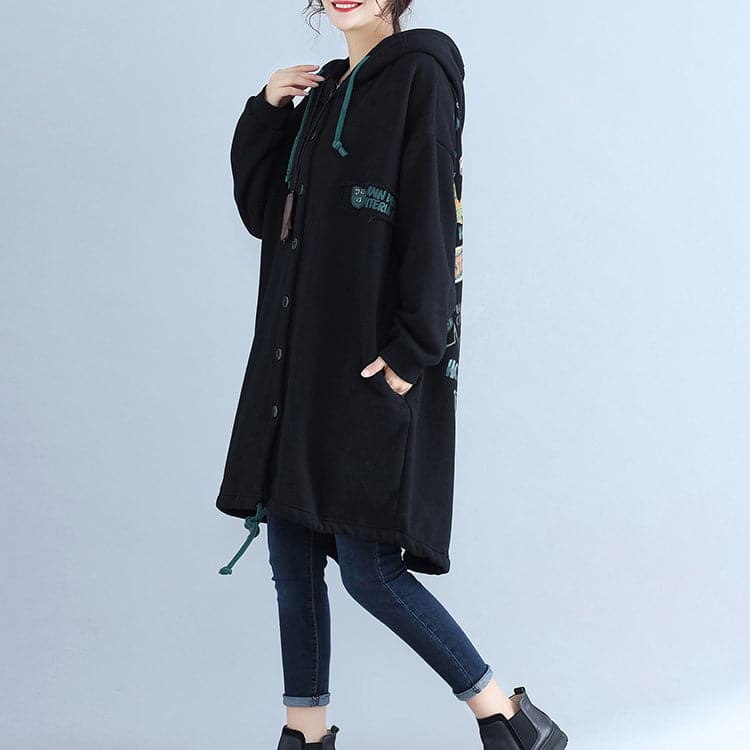 black fashion back prints cotton trench coats plus size hooded winter outfits - - DYAVOR®