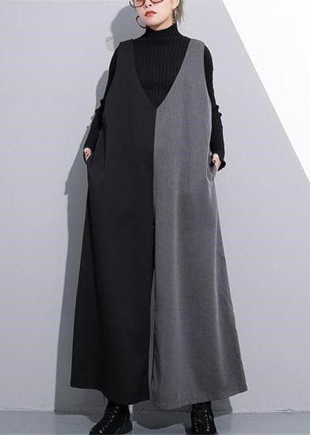 black gray patchwork casual cotton v neck jumpsuit pants fashion wide leg pants - - DYAVOR®