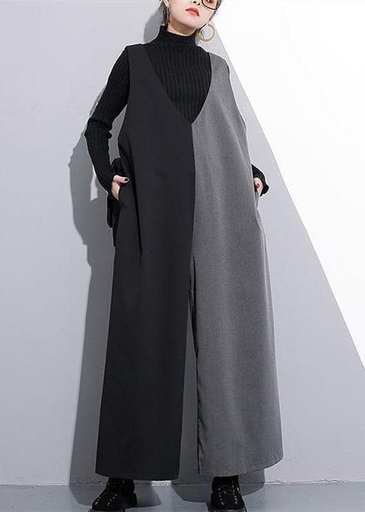 black gray patchwork casual cotton v neck jumpsuit pants fashion wide leg pants - - DYAVOR®