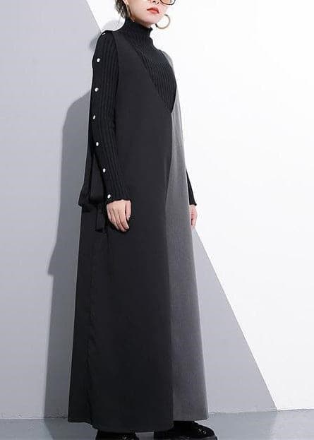 black gray patchwork casual cotton v neck jumpsuit pants fashion wide leg pants - - DYAVOR®