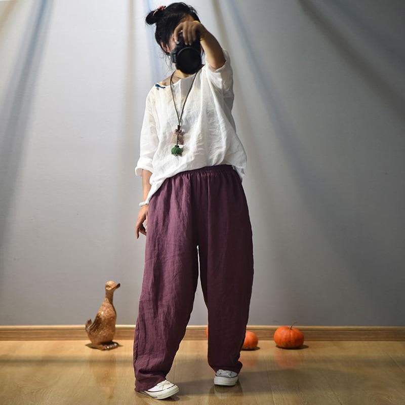 Elastic Waist Linen Trousers | Hippie - - DYAVOR®