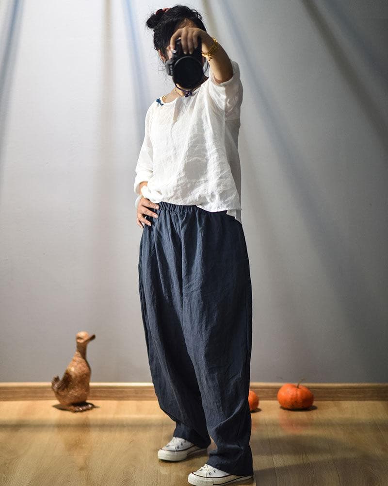 Elastic Waist Linen Trousers | Hippie - - DYAVOR®