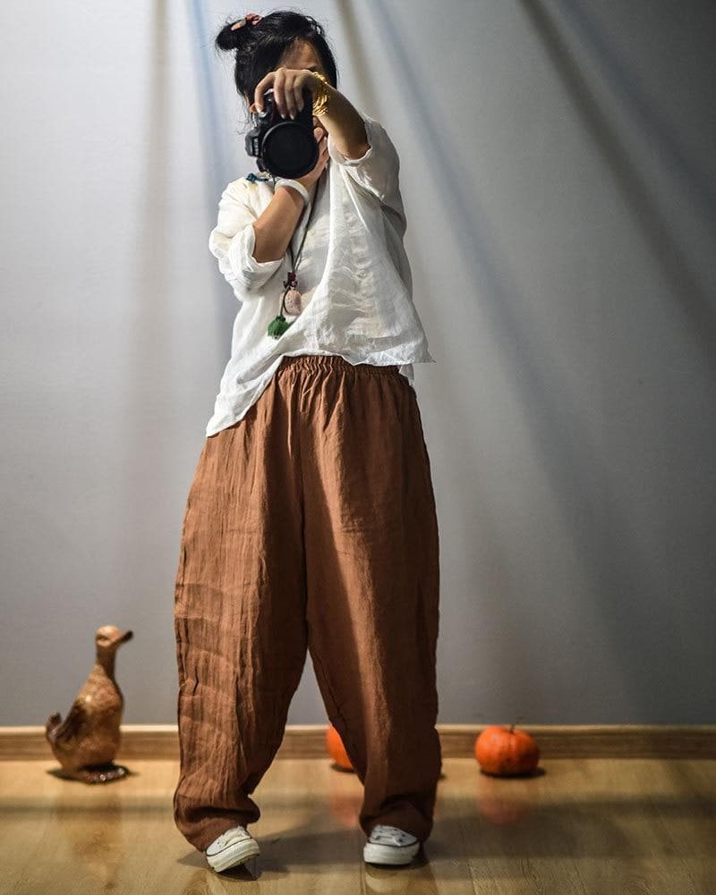 Elastic Waist Linen Trousers | Hippie - - DYAVOR®