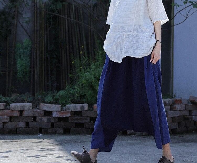 Navy Blue Cotton Linen Harem Pants | Lotus - - DYAVOR®