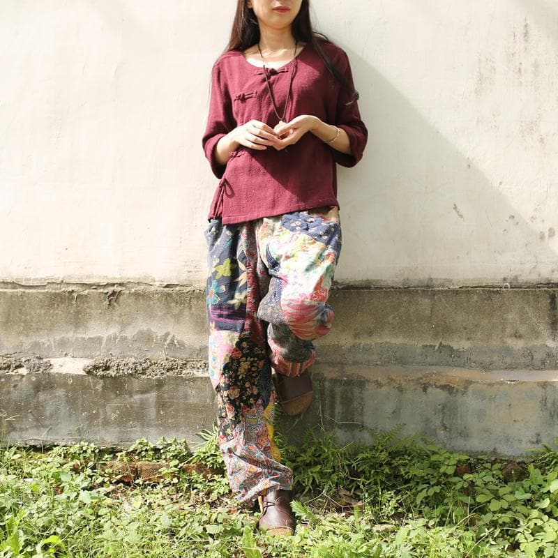 Floral Patchwork Linen Hippie Pants - - DYAVOR®