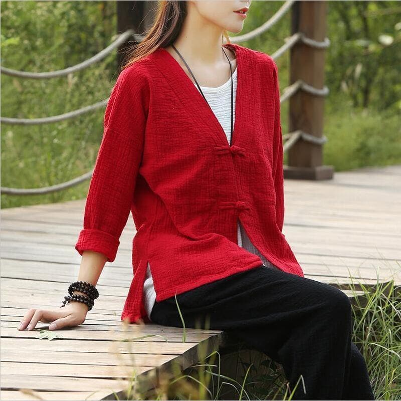 Asia V-Neck Cotton Linen Blouse | Zen - - DYAVOR®