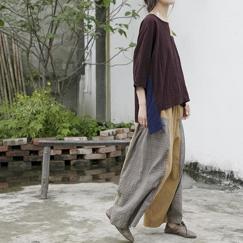Loose Patchwork Cotton Linen Pants | Lotus - palazzo pants - DYAVOR®