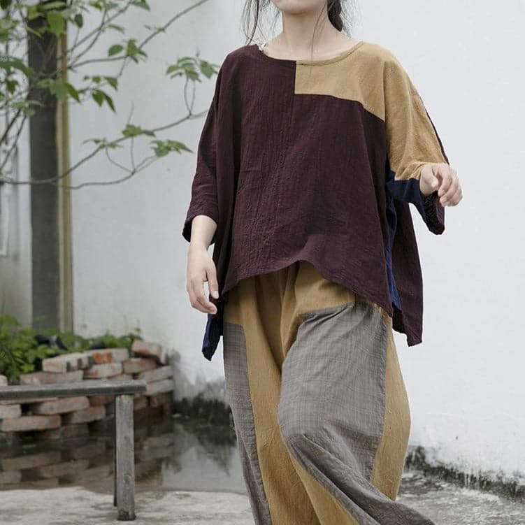 Loose Patchwork Cotton Linen Pants | Lotus - palazzo pants - DYAVOR®