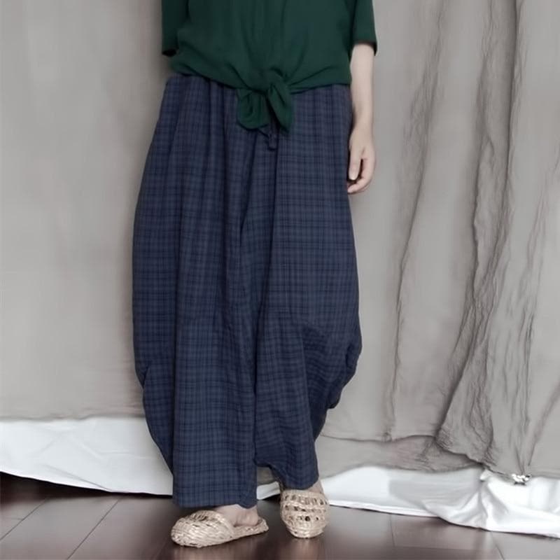 Blue Plaid Cotton Linen Pants | Lotus - Harem Pants - DYAVOR®