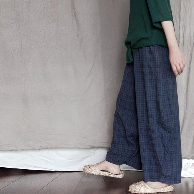 Blue Plaid Cotton Linen Pants | Lotus - Harem Pants - DYAVOR®