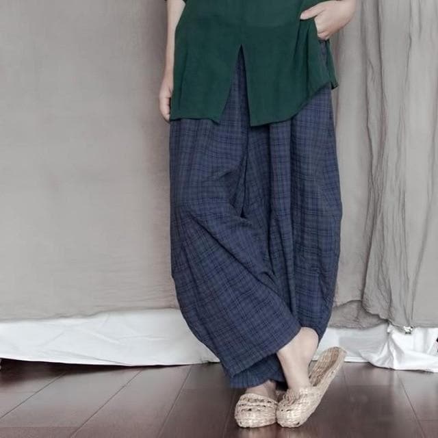 Blue Plaid Cotton Linen Pants | Lotus - Harem Pants - DYAVOR®