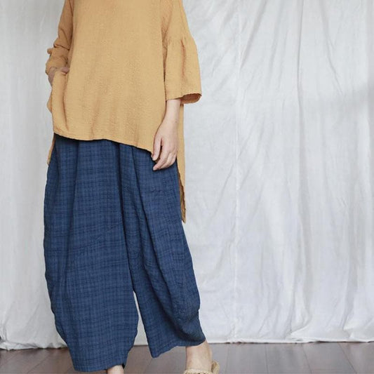 Blue Plaid Cotton Linen Pants | Lotus - Harem Pants - DYAVOR®