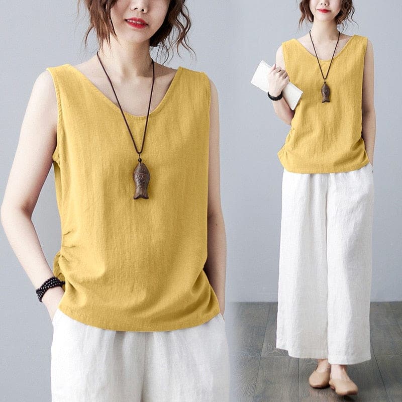 Mimi Cotton Linen V-neck Tank Top - - DYAVOR®