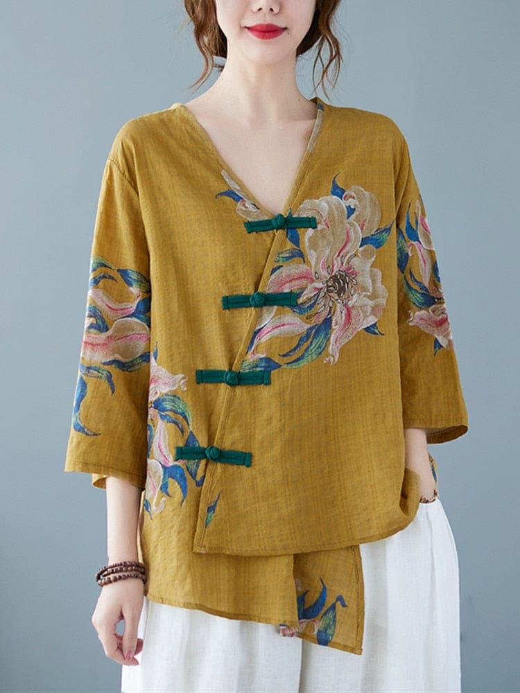 Floral Cotton Linen Oversized Blouse - - DYAVOR®