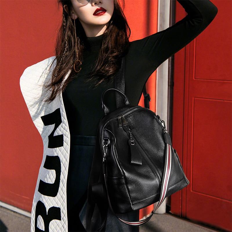 Coffee Red Grey Black Women's Solid Genuine Leather Travel Backpack - Backpacks - DYAVOR®