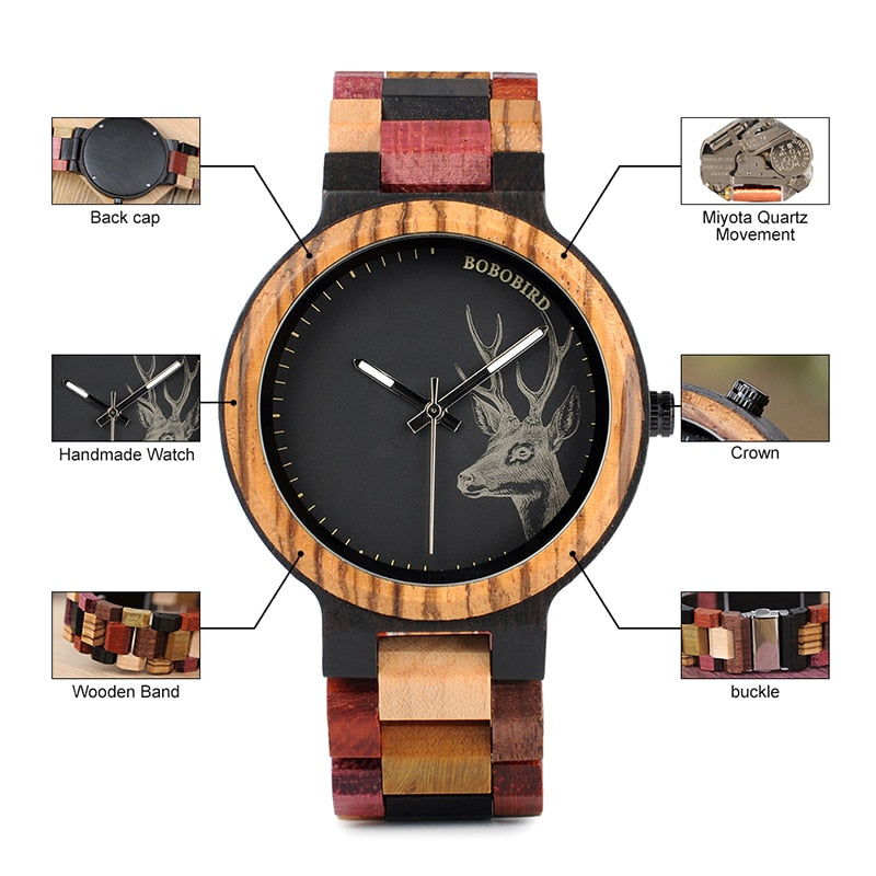 Colorful Wood Band Dear Head Watch Dial Men Women Quartz Watches Timepiece - Unisex Style Watches - DYAVOR®