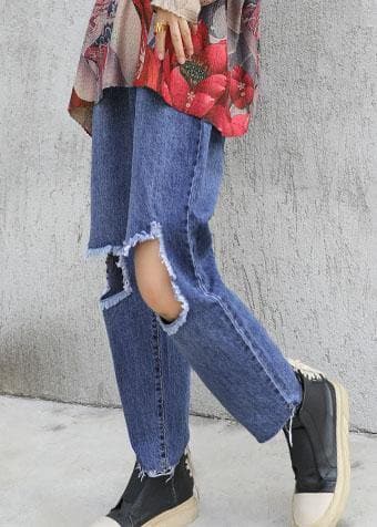 denim blue new high waist straight pants elastic waist ripped Jeans - - DYAVOR®