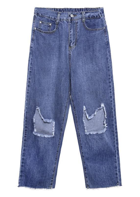 denim blue new high waist straight pants elastic waist ripped Jeans - - DYAVOR®
