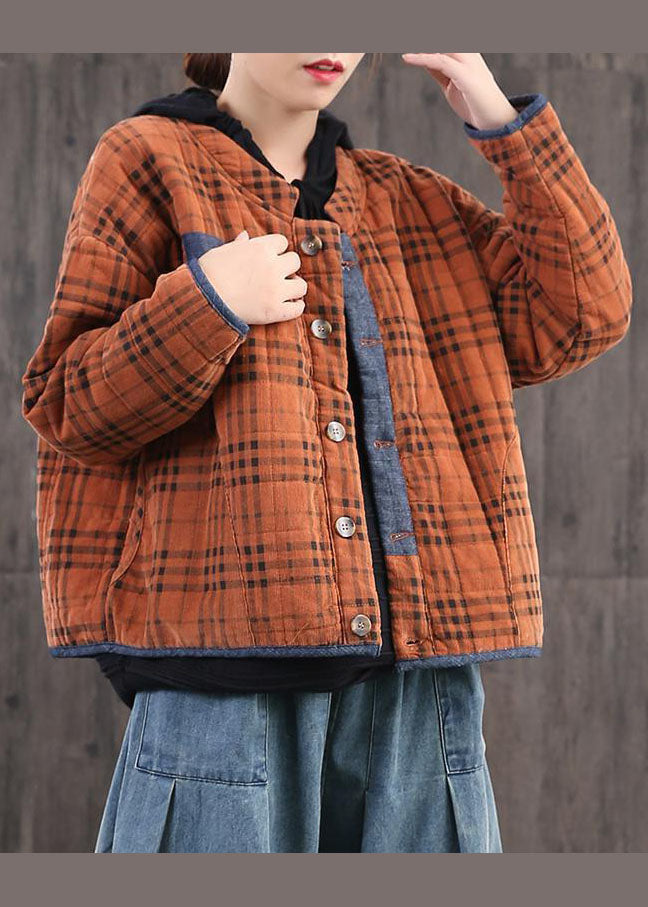 diy Orange Plaid Patchwork Corduroy Winter Coat - Down Jackets - DYAVOR®
