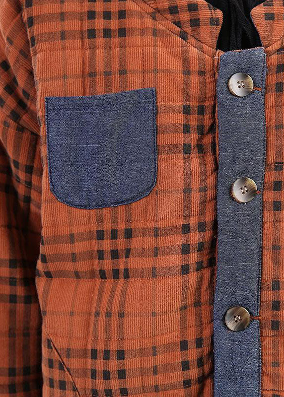diy Orange Plaid Patchwork Corduroy Winter Coat - Down Jackets - DYAVOR®